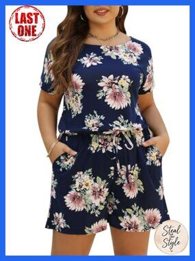 Plus Size Floral Romper Short Sleeve Elastic Waist Pockets Casual Summer